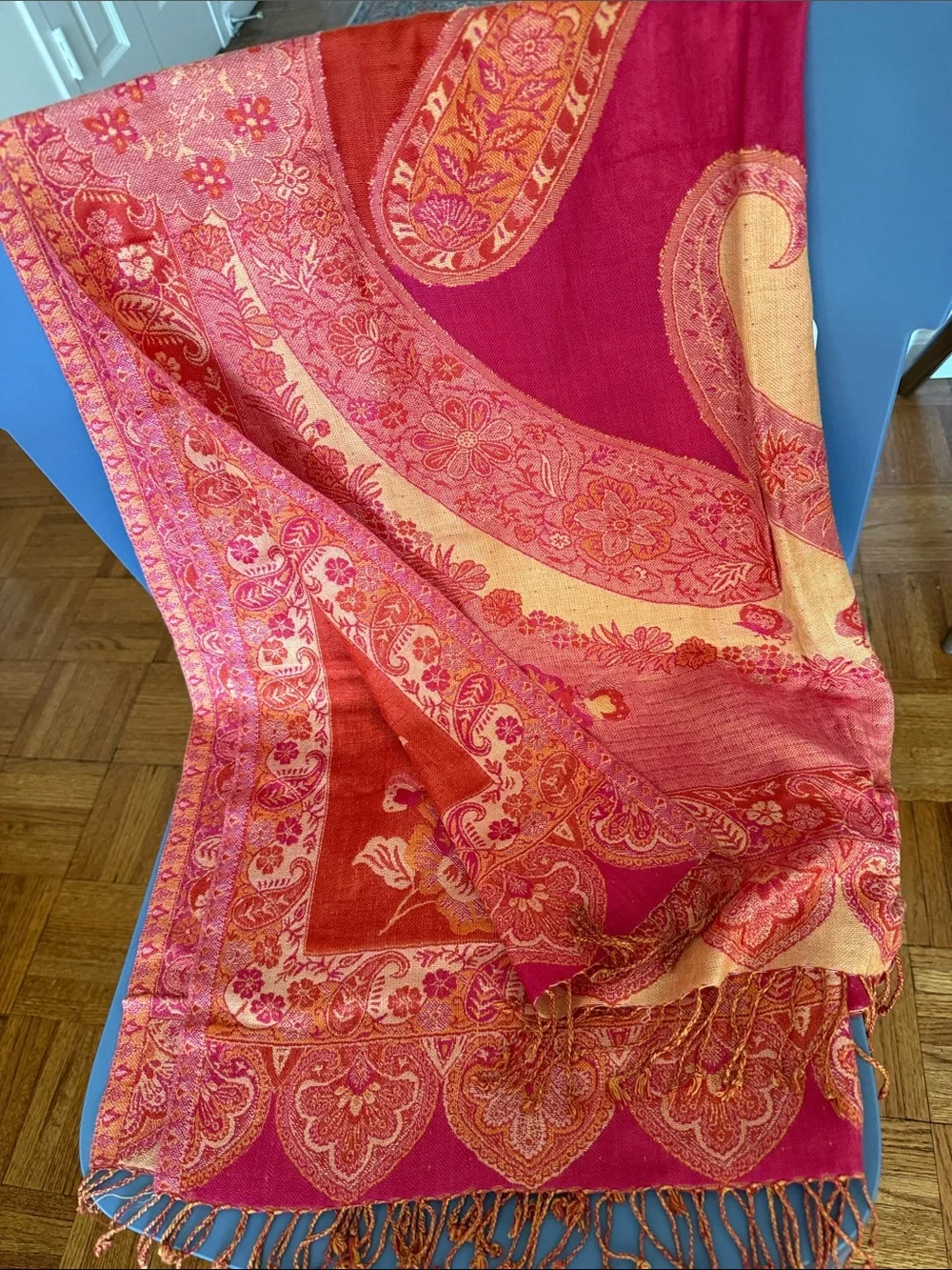 Fuchsia & Orange Paisley Reversible Kashmiri Style Large Shawl with Fringe.